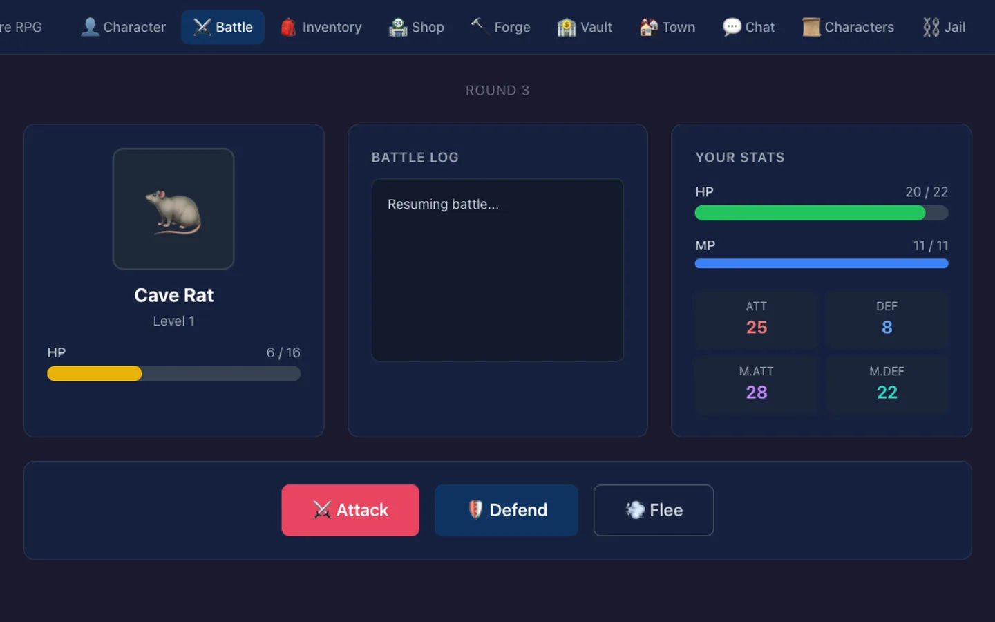 A dark navy battle screen: a cave rat with a health bar, a battle log, and Attack, Defend and Flee buttons