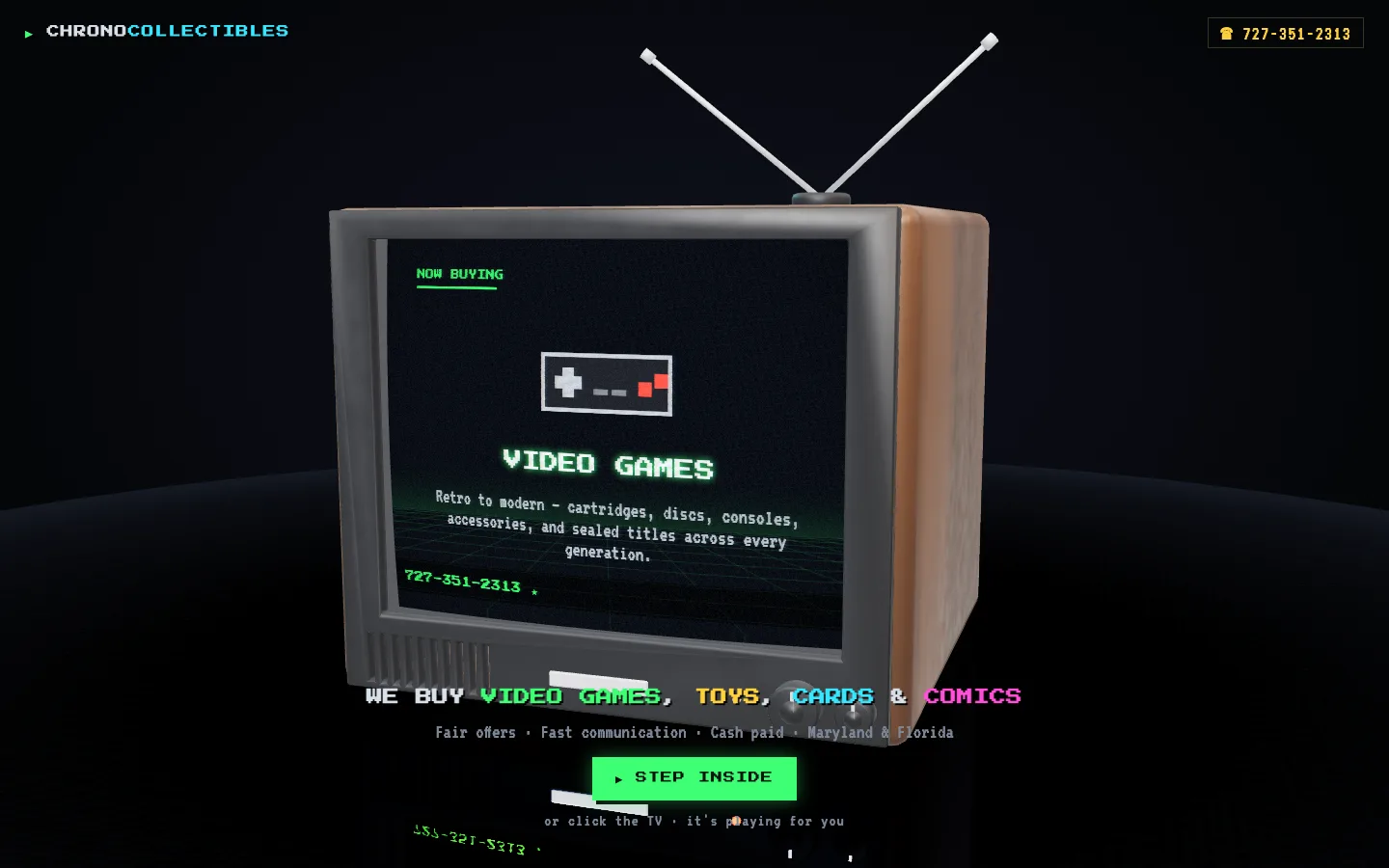 A wood-grain CRT television in a dark room, tuned to a green pixel-font channel that reads Video Games