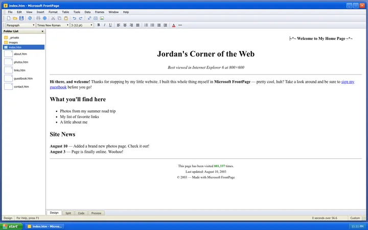 A Windows XP window running FrontPage 2003 with a 2003-style personal home page open