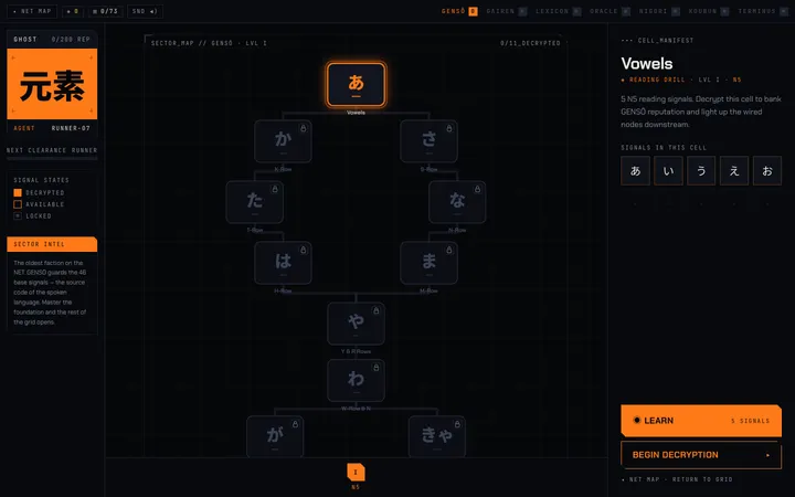 A dark node map of hiragana cells under an orange 元素 faction badge