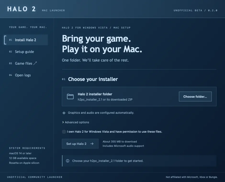 The launcher’s setup screen: Bring your game. Play it on your Mac. Choose your installer.